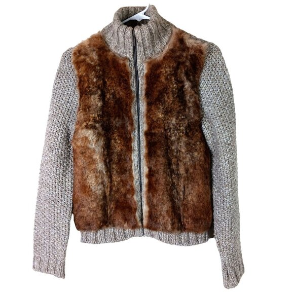 Zara Rabbit Fur Coatigan Womens M Brown Cropped Jacket Wool Knit Y2K Glam - Picture 1 of 7